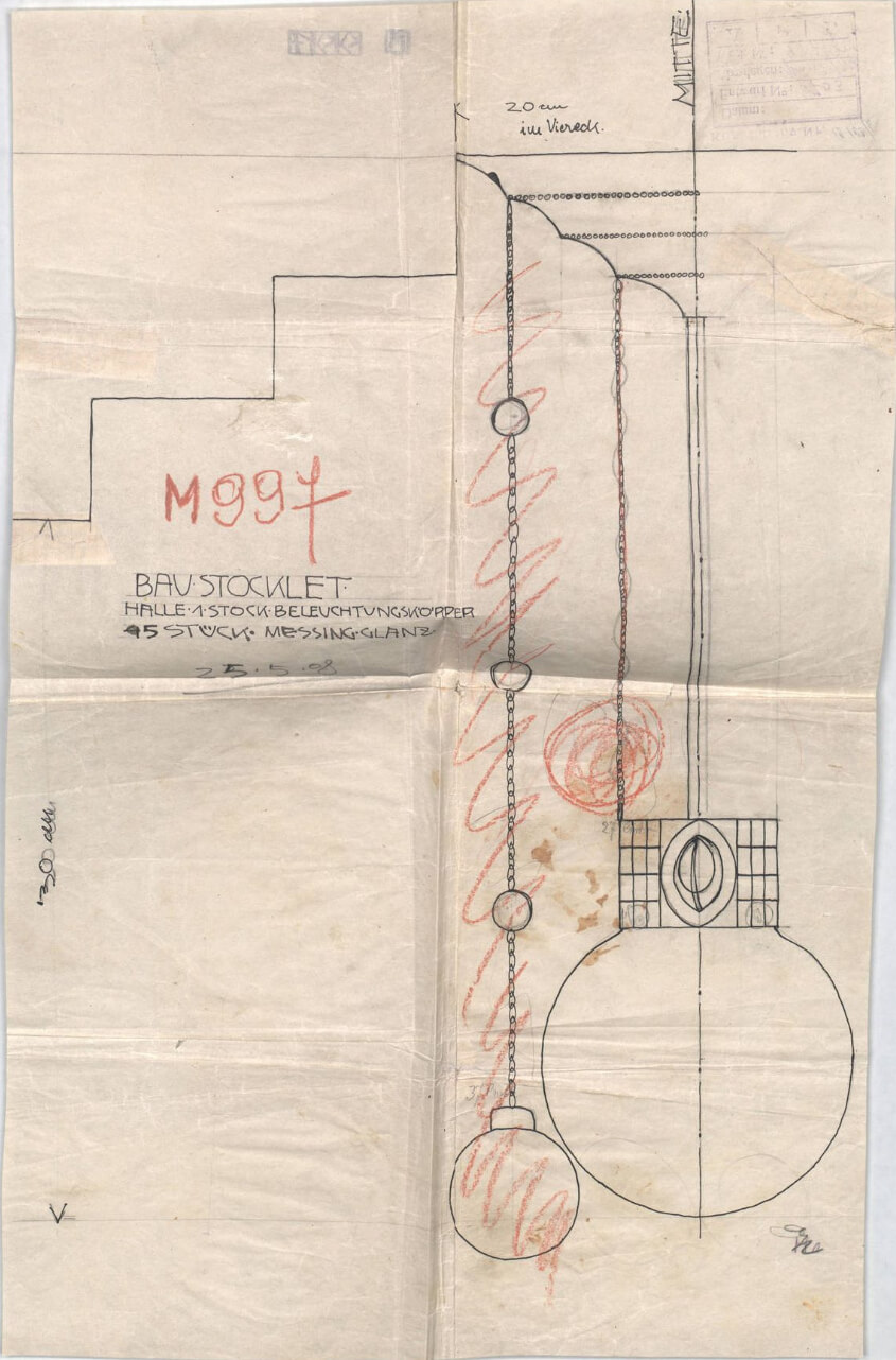 The original drawing shows red penciled corrections done by Josef Hoffmann